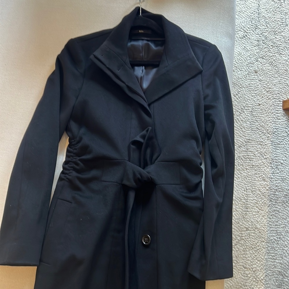 Black Hugo Boss belted wool and angora coat